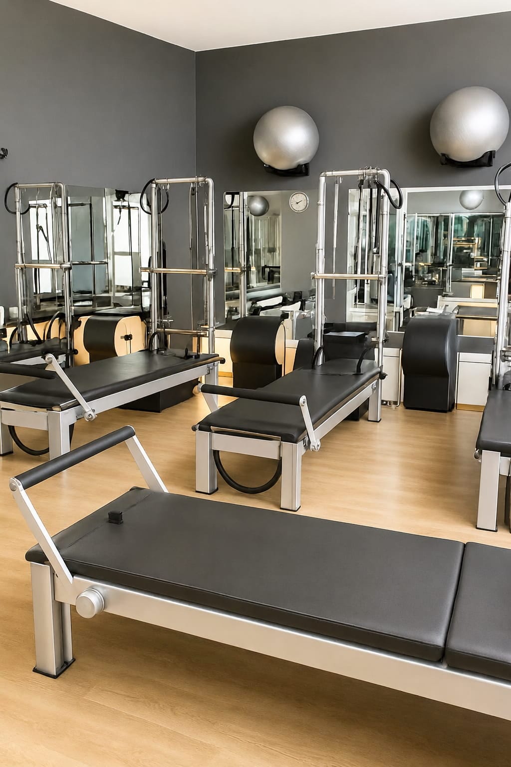 Reformers de Pilates en la sala de Pilates Curíe, barrio Imperial, Madrid