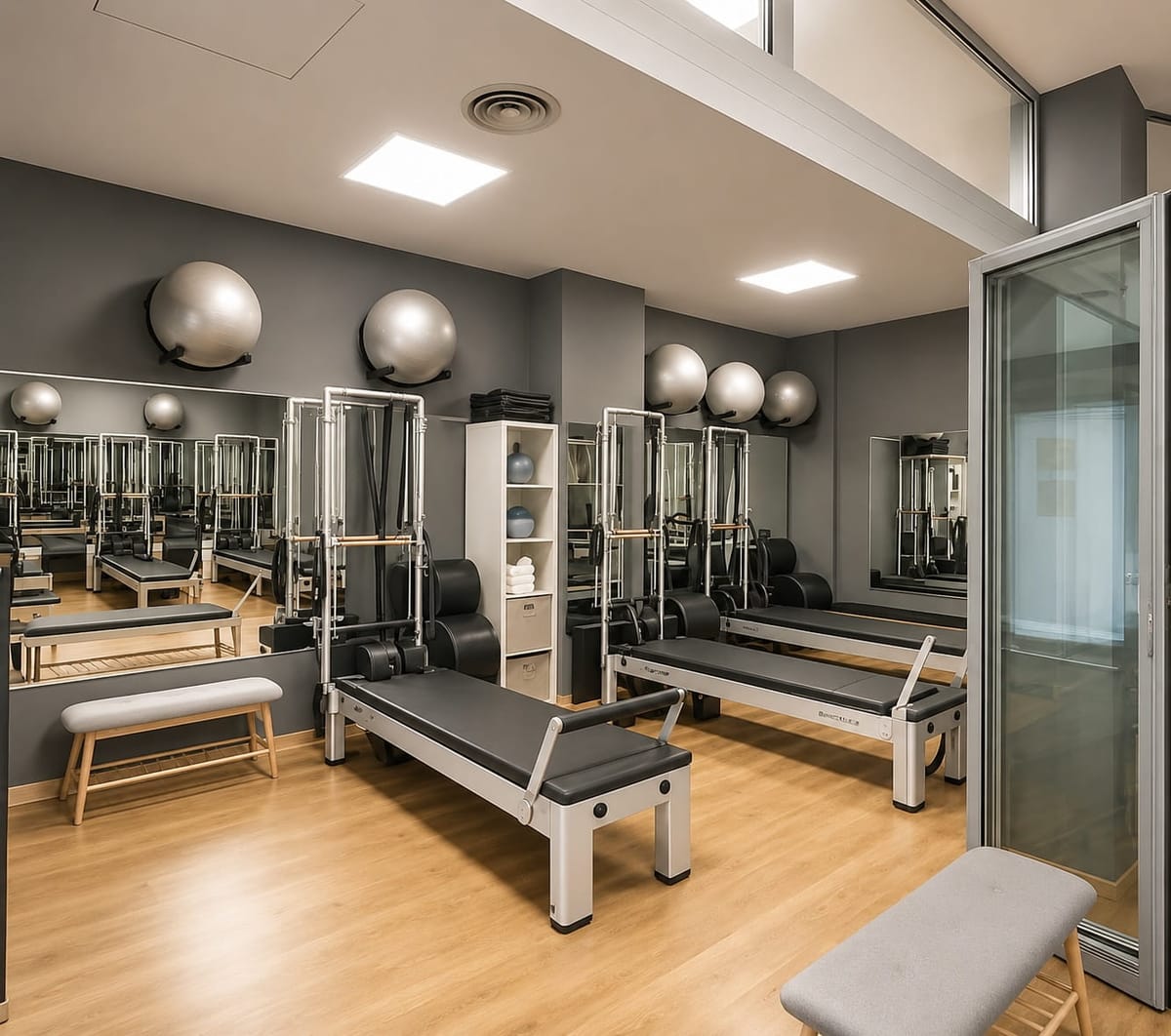 Sala de Pilates Curíe con torres de cadillac, reformers y fitballs, Madrid